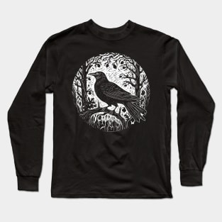 Raven In The Blackbird Forest Linocut Crow Long Sleeve T-Shirt